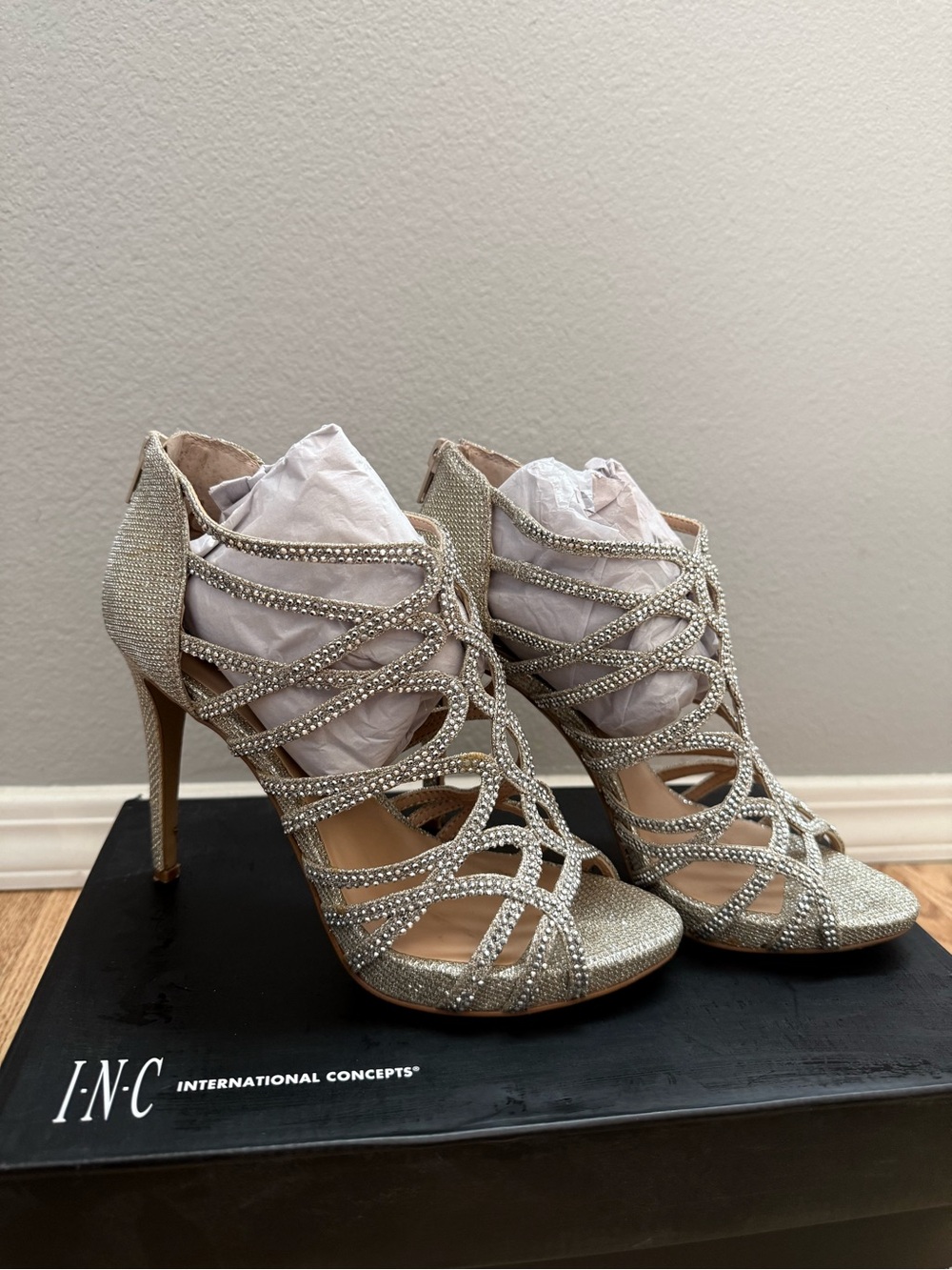 INC International Concepts Glittering Gold Strappy Stiletto Sandals